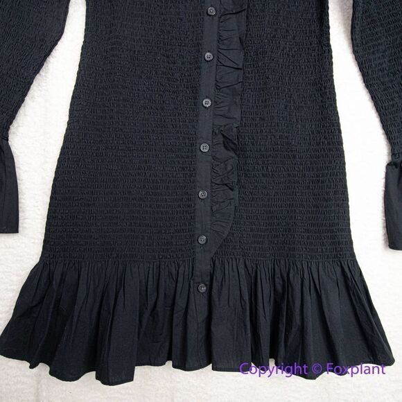 NEW J CREW SMOCKED LG SLEEVE BUTTON UP RUFFLE MINI DRESS black, M - Picture 5 of 16